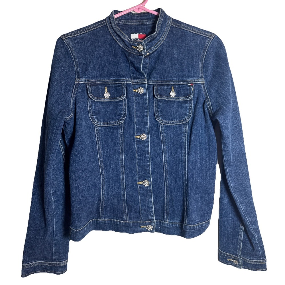 Tommy Jeans Women's Embellished‎ Denim Jacket M Blue Rhinestone Button Retro